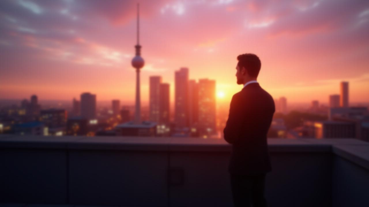 Stilisiertes Bild einer selbstbewussten Person, die auf die Berliner Skyline blickt, symbolisiert beruflichen Erfolg und Klarheit